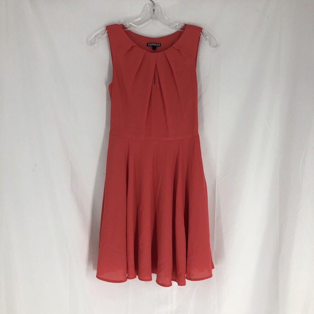 Express Women’s Red Solid Fit & Flare Short Dress Sleeveless Round Neck 0